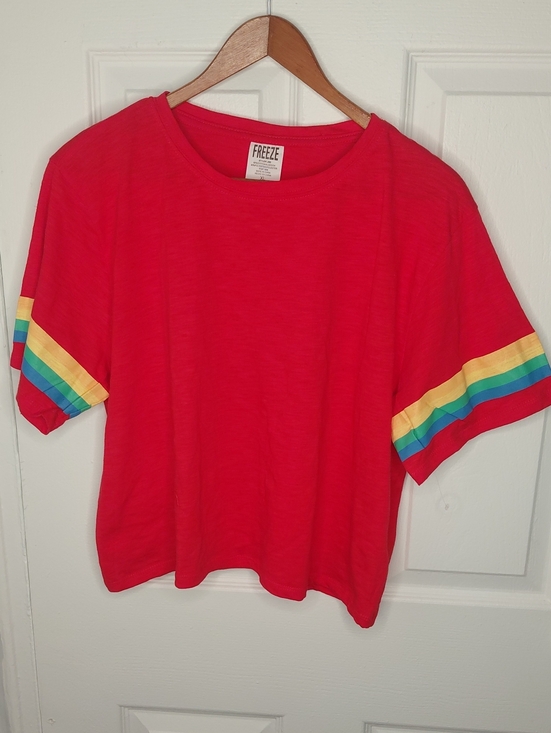 Freeze Tops - Freeze Bright Red Tee with Rainbow Sleeve Stripes